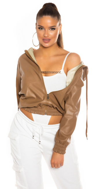 Super Trendy Faux Leather Jacket with Zip Brown